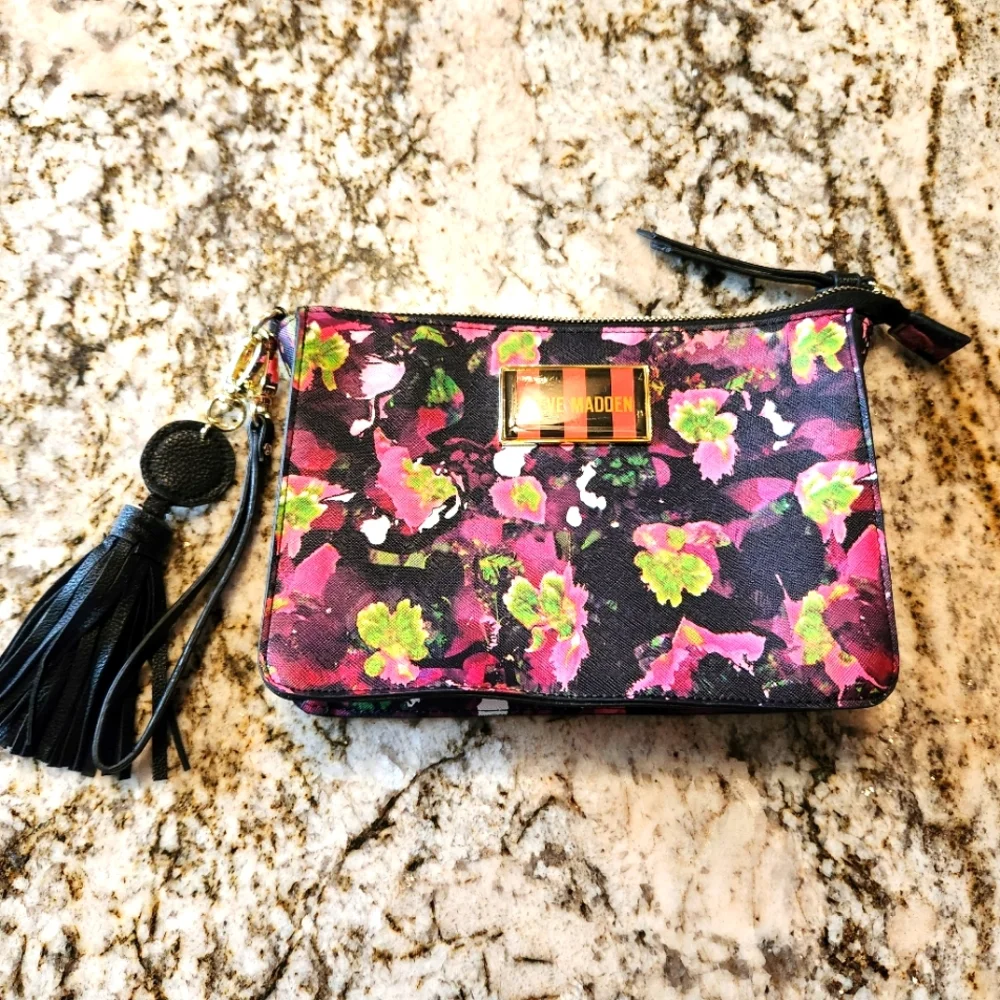 Steve Madden Wristlet, Black Pink Floral Clutch Wallet EUC Tassel Vegan Leather